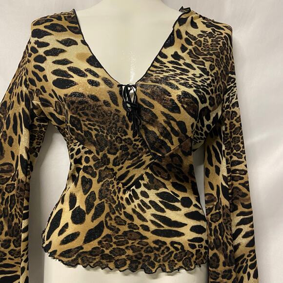 Uno Core Top Blouse V Neck Animal Print Flare Sleeves Vtg Boho 90s Y2K Hippie - Picture 3 of 9